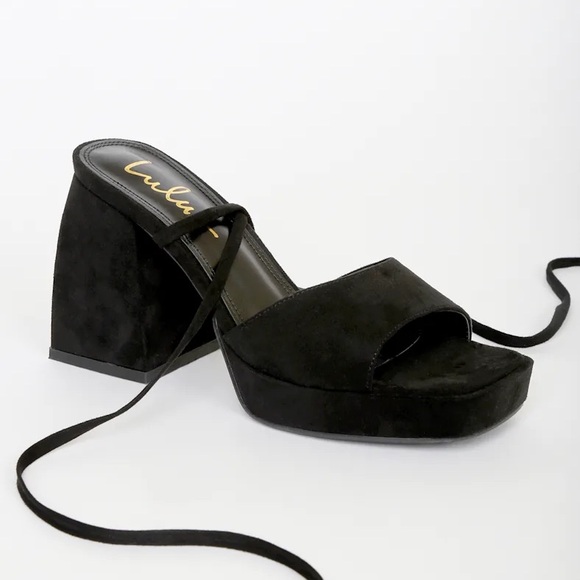 Lulus Fiyaa Black Suede Lace-Up Chunky High Heel Sandals - Picture 3 of 12